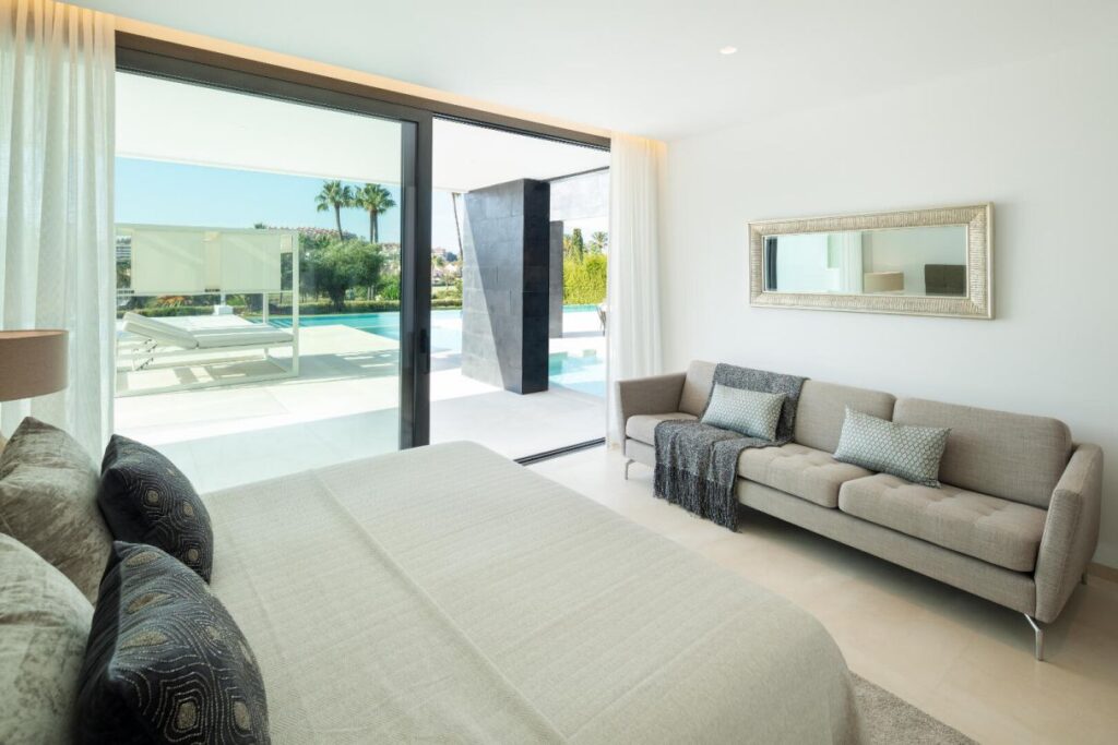 Modern Villa in La Cerquilla is a brand new luxurious home with golf and sea views located in Marbella, Spain including 6 bedrooms and 8 bathrooms. This modern villa is designed and built with high quality and smart facilities and luxurious amenities.