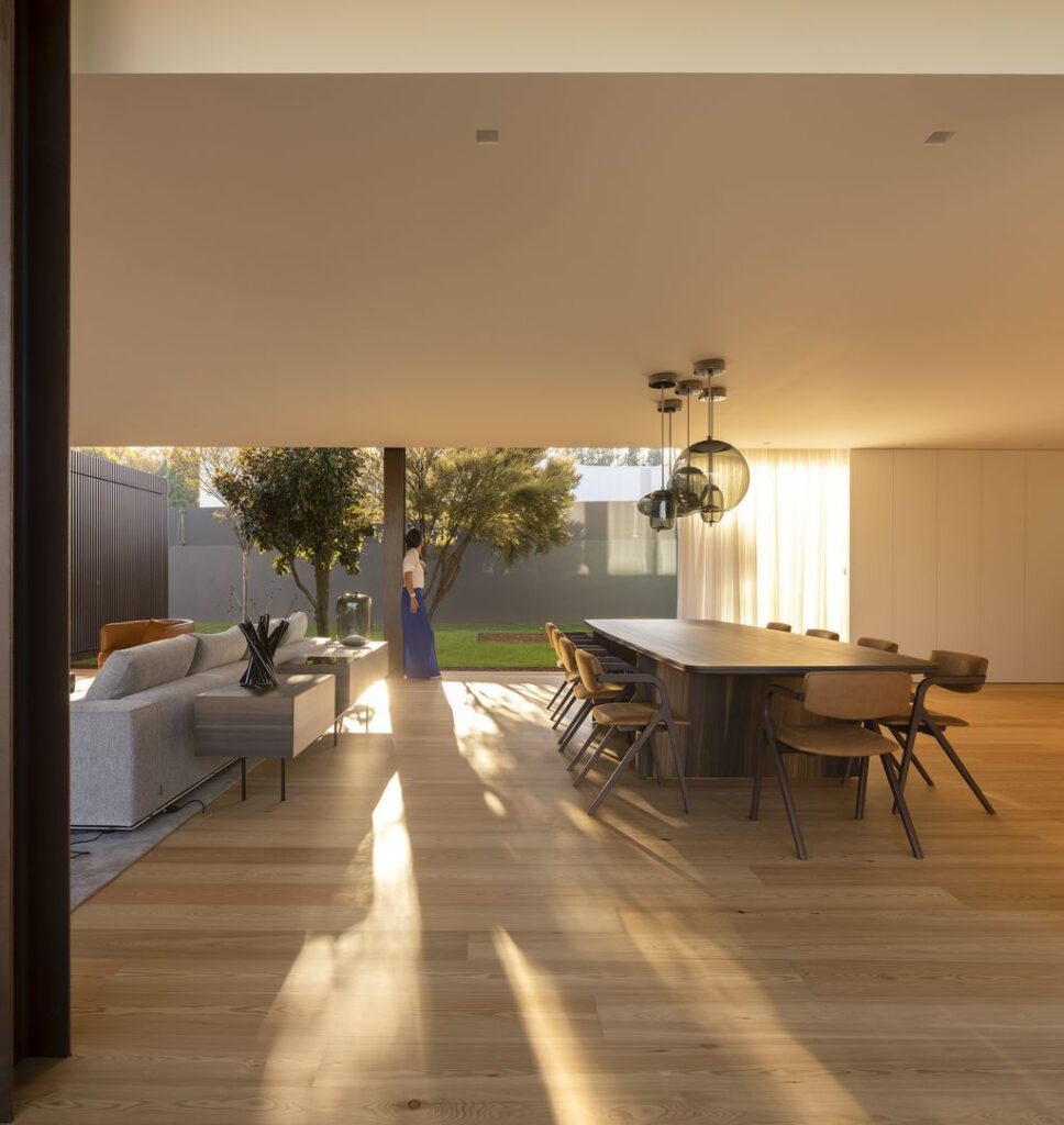 Masterful RCR House in Portugal was designed by Visioarq Arquitectos in contemporary style with concept of balance and contemplation; The spaces developed to create constant and distinct relationships between interior and exterior, with light entering where they merge.