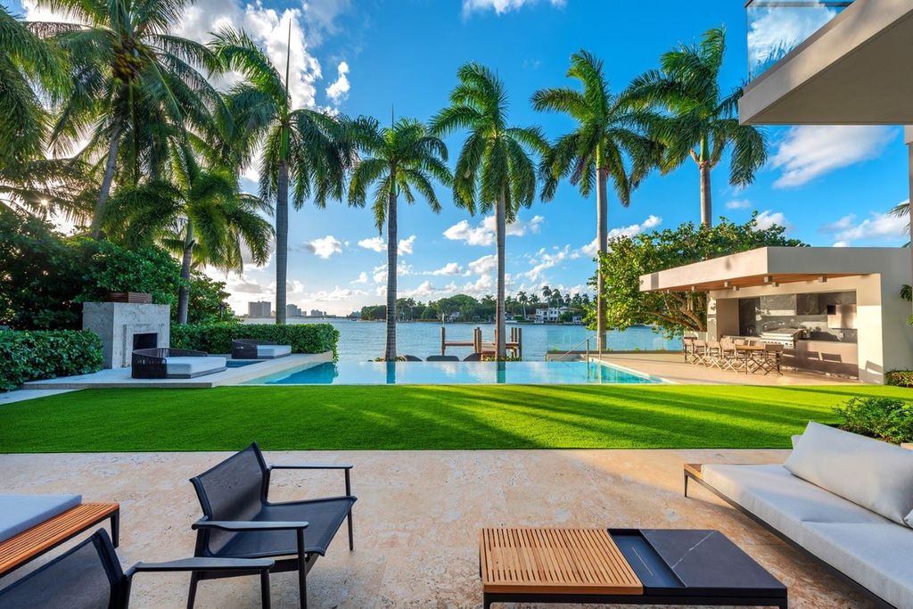 The Modern Waterfront Home in Miami Beach with unique architectural concept by Touzet Studio features lush landscaping now available for sale. This home located at 6396 N Bay Rd, Miami Beach, Florida
