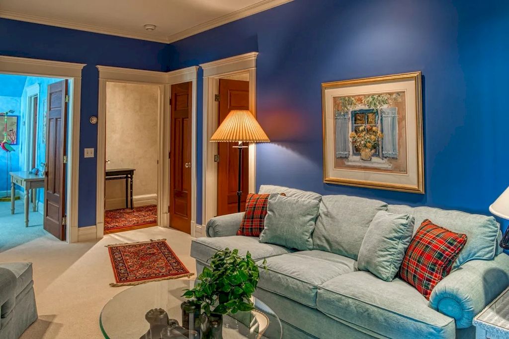 In this contemporary design-inspired living room, the designer chose the right ocean blue. The woven rugs and brocade pillows stand out the most. This makes the living room more intimate and cozy. A soft gray sofa balances the emotions in the room, making it vibrant and relaxing.