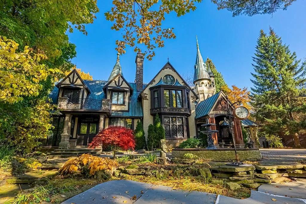 The Mississauga Castle Embraces meticulous hand crafted wood work, painted murals and exquisite stained glass windows now available for sale