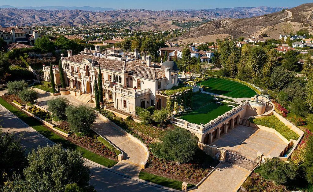 The Villa in Calabasas is an Italianate tour-de-force masterpiece set atop its own promontory ridge with 1.28 usable acres now available for sale. This home located at 25305 Prado De La Felicidad, Calabasas, California