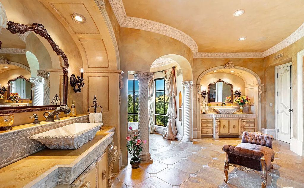 The Villa in Calabasas is an Italianate tour-de-force masterpiece set atop its own promontory ridge with 1.28 usable acres now available for sale. This home located at 25305 Prado De La Felicidad, Calabasas, California