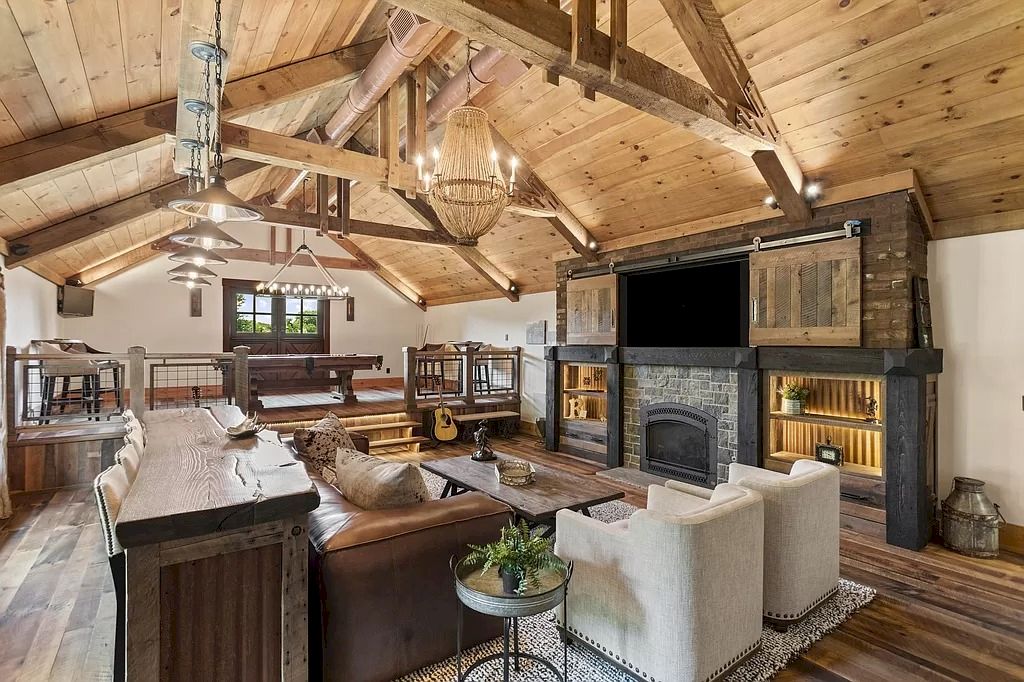 Such a combination of traditional and modern of Rustic Living Room Ideas. This living room is highlighted from a wood vaulted ceiling to eye-catching stone-covered fireplace. This space is a lesson in rustic design.