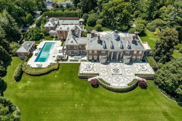 Majestic Brick Georgian in Connecticut with Custom Detailing, Glass Mosaic Pool, Tennis Court, and Expansive Stone Terrace on 8+ Acres