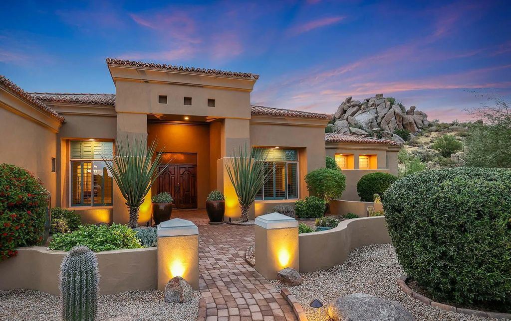 The Home in Scottsdale, a custom estate sitting on 2.78 acres in gated Sonoran Crest with details including box-beam, coffered and groin vault ceiling details, travertine stone flooring, granite counter surfaces, richly stained wood doors, trim, and cabinetry, a split floor plan and so much more is now available for sale. This home located at 24375 N 121st Pl, Scottsdale, Arizona