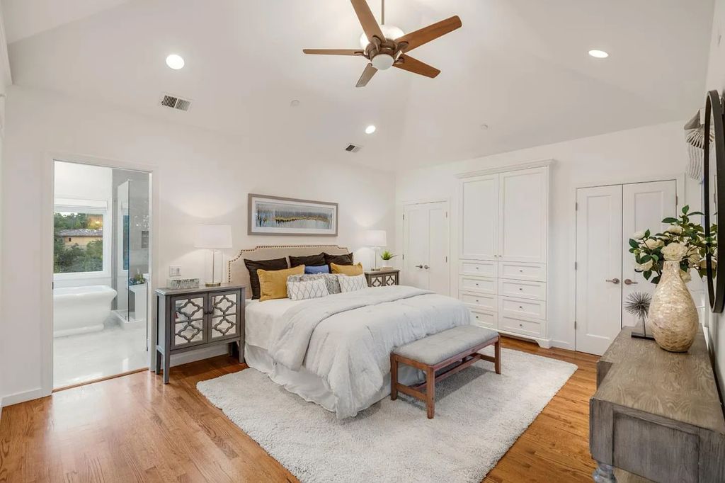 18544 Beck Ave, Monte Sereno, California is a beautifully remodeled house nestled among majestic oak and pine trees with both natural & manicured landscape offers a serene setting and Bay views.