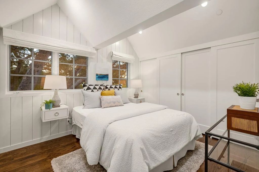 18544 Beck Ave, Monte Sereno, California is a beautifully remodeled house nestled among majestic oak and pine trees with both natural & manicured landscape offers a serene setting and Bay views.