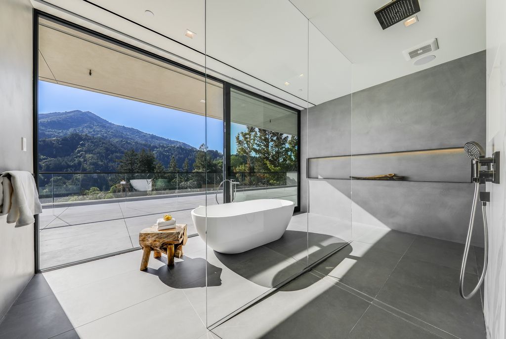 70 Ridgecrest Road, Kentfield, California is an architectural work of art on one of Marin County's most coveted sites with features include infinity edge pool, in ground spa, state of the art outdoor kitchen, fire pit, multiple lounging areas.