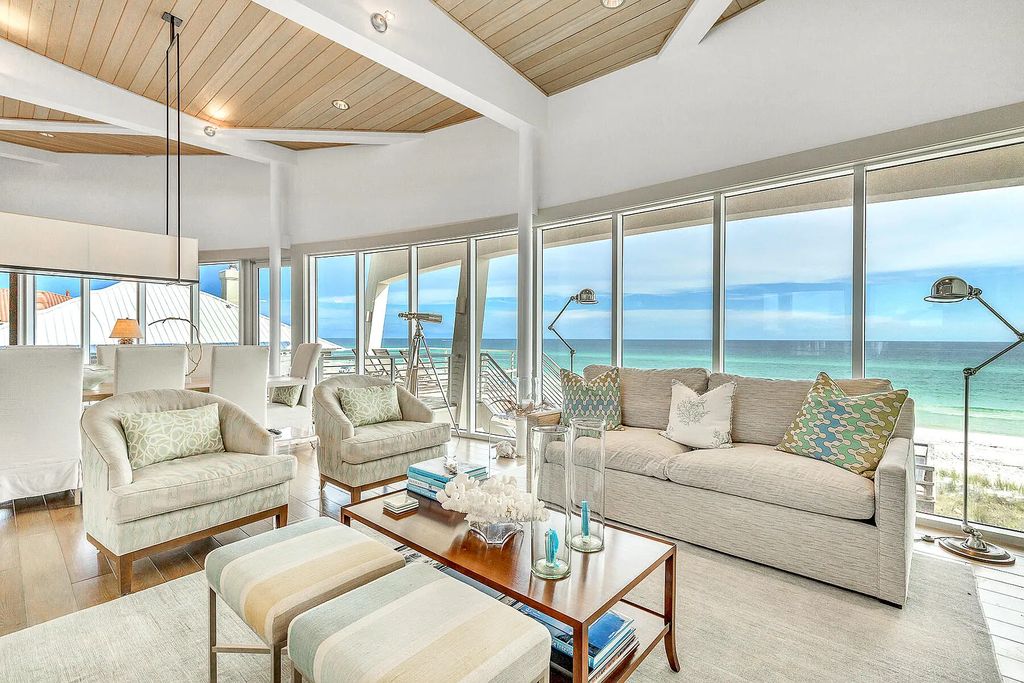 125 Gulf Dunes Lane, Santa Rosa Beach, Florida is a one of a kind home with a rare 90 feet of gulf frontage in the gated and rental restricted neighborhood of Gulf Dunes blending cutting edge contemporary architectural design with cozy comfortable interiors.