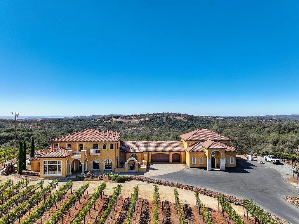 100 Shultz Vineyard Road, Shingle Springs, California is an architectural masterpiece overlooks a gorgeous working vineyard including state of the art appliances, high-end fixtures and finishes, custom iron works, and hand carved marble fireplaces and soaking tub.