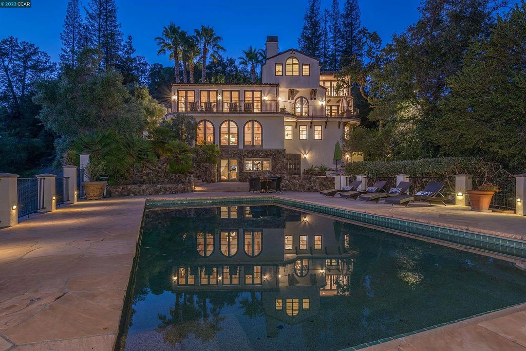 160 Camino Don Miguel, Orinda, California is a Spanish Revival estate originally constructed in 1929 sited on private gated grounds with breathtaking panoramic views, Mediterranean landscaping, offer a resort-like setting with direct access to the Orinda Country Club golf course.