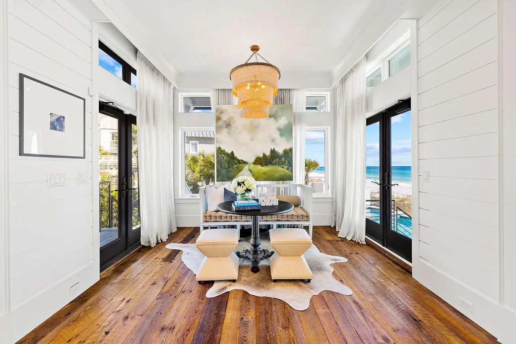 376 Beachfront Trail, Santa Rosa Beach, Florida, is redesigned by bespoke Nashville designer Chad James and is located on over an acre with 95 feet of Gulf frontage. This is one of the most extraordinary master suites on the Emerald Coast, as it is one of only a few homes in the area with unobstructed views of the coastal Dune Lake and Deer Lake to the west.