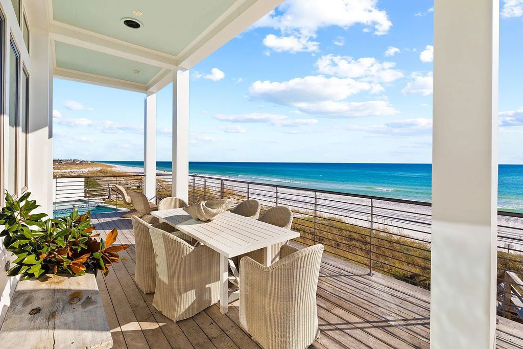 376 Beachfront Trail, Santa Rosa Beach, Florida, is redesigned by bespoke Nashville designer Chad James and is located on over an acre with 95 feet of Gulf frontage. This is one of the most extraordinary master suites on the Emerald Coast, as it is one of only a few homes in the area with unobstructed views of the coastal Dune Lake and Deer Lake to the west.