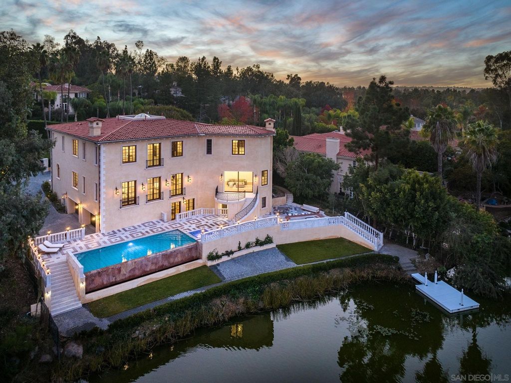17176 Calle Serena, Rancho Santa Fe, California is a stunning custom European Villa on the lake in exclusive guard gated Fairbanks Ranch inspired by great architectural masterpieces around the world, built with a passion this timeless European home showcases exquisite imported materials.