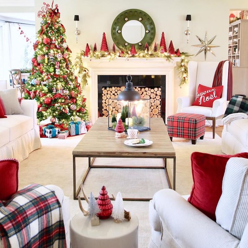 Connecting your Christmas theme to the color scheme of your home will make it appear seamless and easy. The holiday decorations—sapphire, aquamarine, amber ornaments, and gift wrapping—in the same color scheme enhance this jewel-toned home décor.