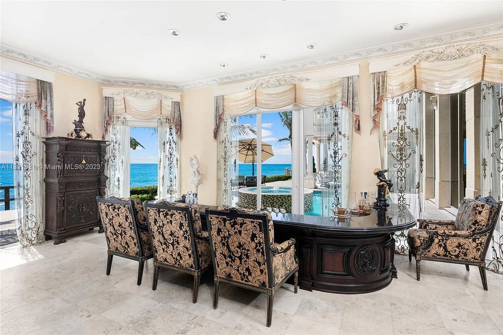 4217 S Ocean Boulevard, Highland Beach, Florida is a breathtaking estate with Renaissance-style architecture boasts elevator, 3 kitchens, a fully equipped gym, 12- car garage, poolside loggia, alfresco dining and unobstructed views of sunrises and sunsets.