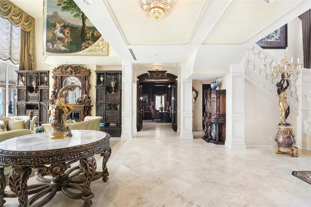 4217 S Ocean Boulevard, Highland Beach, Florida is a breathtaking estate with Renaissance-style architecture boasts elevator, 3 kitchens, a fully equipped gym, 12- car garage, poolside loggia, alfresco dining and unobstructed views of sunrises and sunsets.
