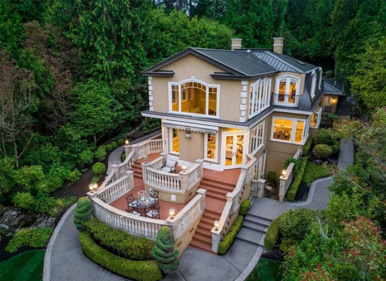 Listing for $9.78M, Stunning European-Inspired Estate Offers 150′ of Private Waterfront with Moorage in Hunts Point, WA