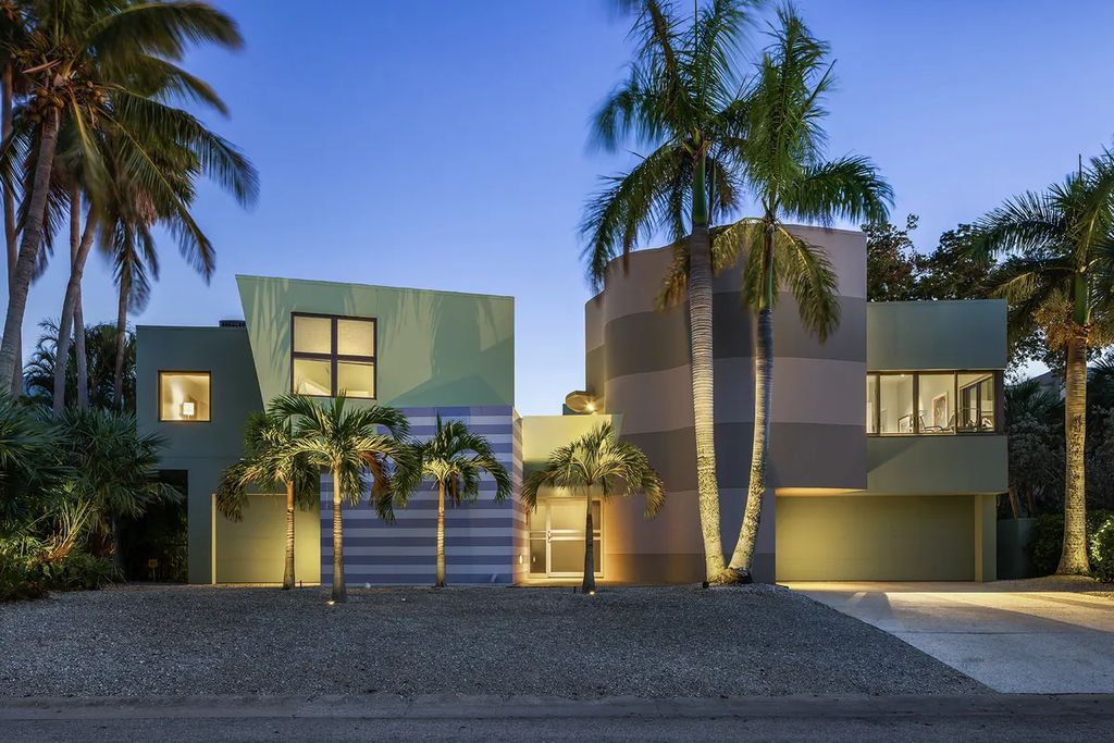 150 Morningside Drive, Sarasota, Florida is a stunning postmodern-style home was designed and built by the renowned architect Don Chapell showcasing the eclectic palette and materials of postmodernism, with an interplay of light and shadow that transforms each space.