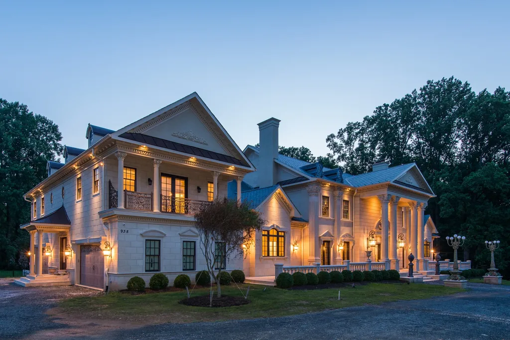 938 Peacock Station Road Home in McLean, Virginia. A vision of master craftsmanship inspired by the Great American mansions, this spectacular 8-BR home boasts every splendid amenity. Newly built of Italian limestone & marble with exquisite design details. 