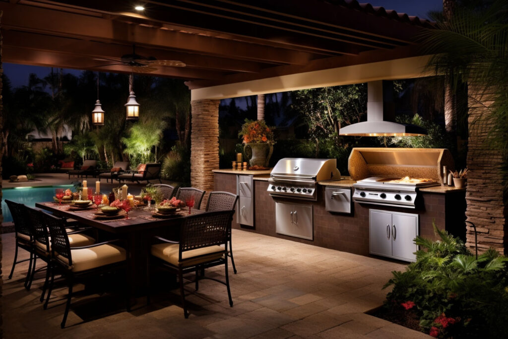 Consider creating a separate structure for your BBQ island if you have adequate room in your garden. This will leave your primary outdoor living space open and uncluttered, providing a spot for your family or friends to relax away from the cooking and smoking. It also allows you to set up a bar or other seating area near the barbeque grill so that visitors may relax while you cook. 