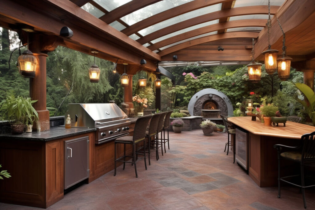 Create a cozy and inviting atmosphere in your patio kitchen by incorporating an outdoor fireplace or fire pit. These features not only provide warmth on cooler evenings but also serve as a gathering point for relaxation and conversation. Arrange seating around the fireplace to create a cozy outdoor lounge area.