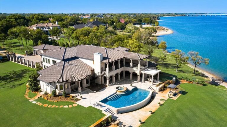 Serenely Lakefront Haven: Bespoke Mediterranean Home in Little Elm, TX with Unobstructed Views