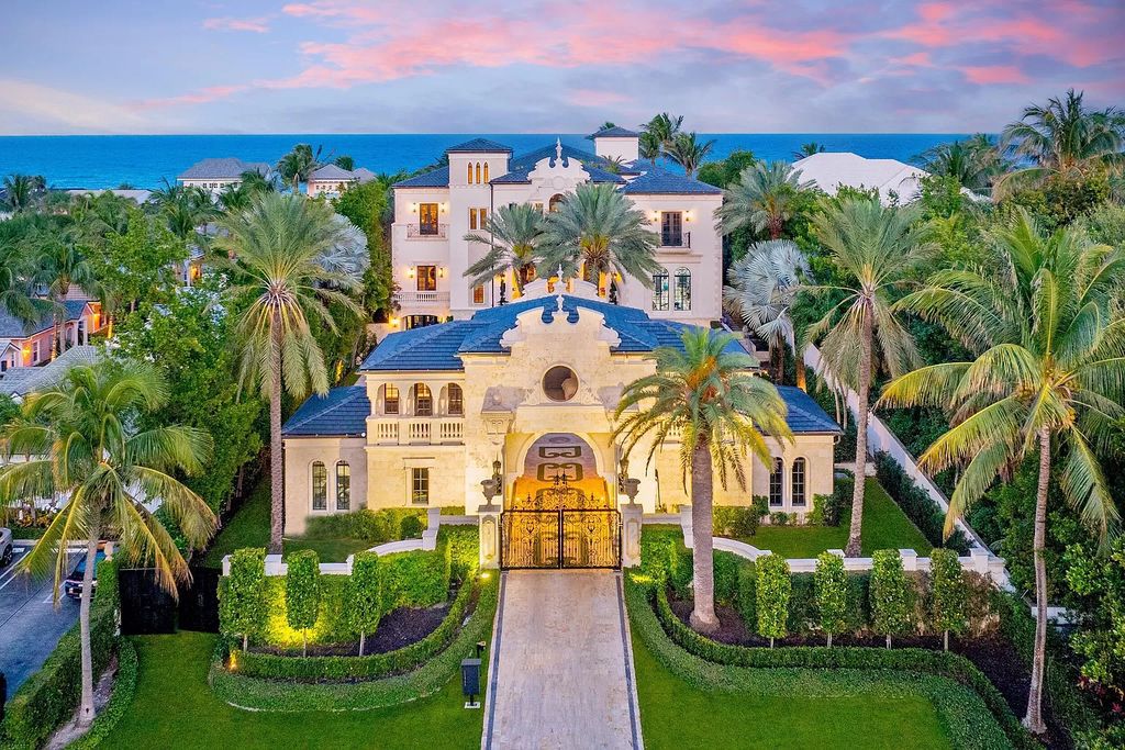 Welcome to "Mar Pietra," a stunning oceanfront estate in Delray Beach, Florida, epitomizing contemporary Italian Renaissance luxury. Behind private gates, discover a sprawling compound on over an acre, featuring lush landscaping, a resort-style pool, and panoramic ocean views.