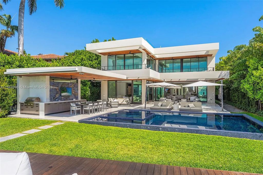 The stunning waterfront mansion at 5718 N Bay Rd offers breathtaking views of the Miami skyline, complemented by a meticulously remodeled 4-bedroom residence at 5725 N Bay Rd.