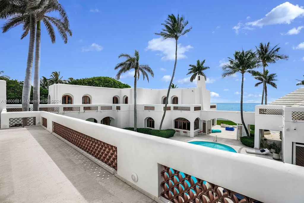 This 11,599 square feet estate on a 41,750 square feet lot includes 150 feet of private ocean frontage.