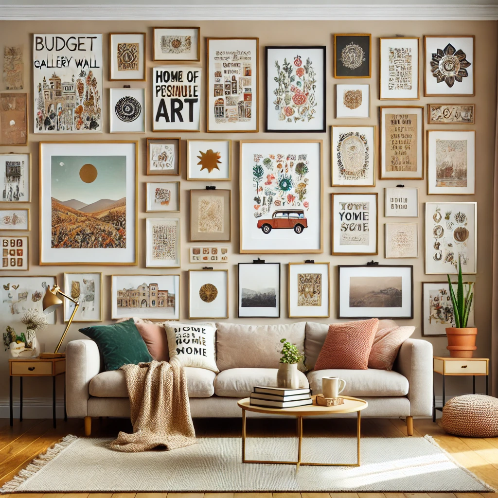 Creating a gallery wall can be done affordably by mixing and matching different types of art and frames.