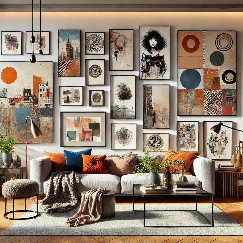 Creating an eclectic display with unique art pieces can add visual interest and personality to your living room.