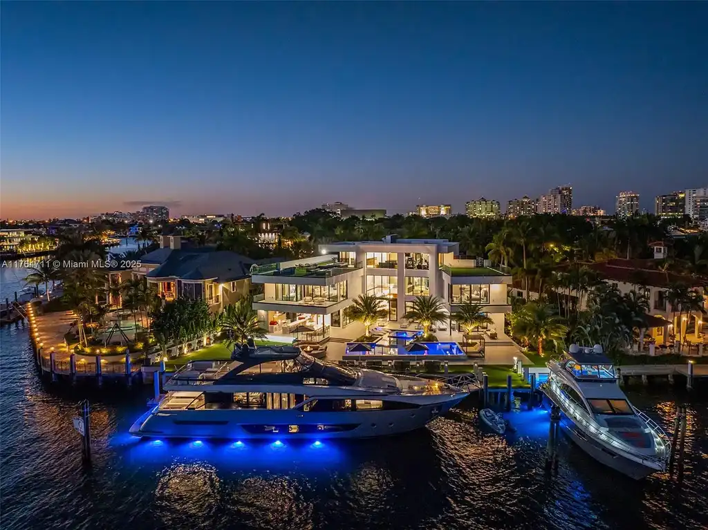 501 Middle River Dr, a $39.5M ultra-luxury waterfront estate in Fort Lauderdale, featuring 150ft Intracoastal frontage, private dock, and rooftop hot tub.