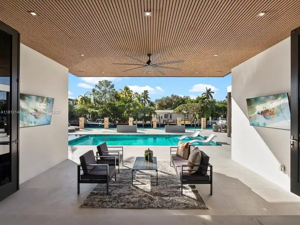Aerial view of 401 Bontona Ave showcasing private dock, heated pool, and 75 feet of deep-water frontage