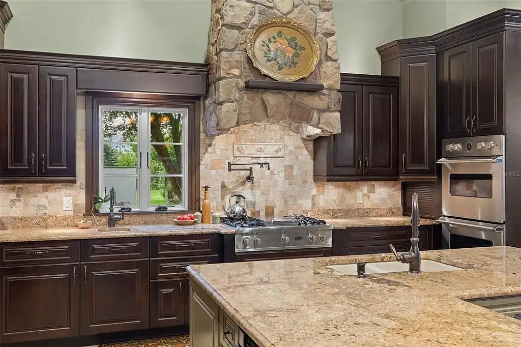 Lakefront luxury estate at 18521 Wayne Rd in Odessa FL featuring a resort-style saltwater pool, grand circular driveway, and manicured 4.75-acre grounds