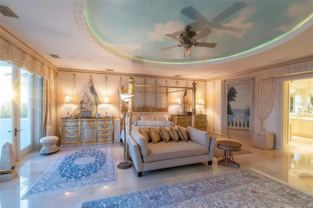 Aerial view of 845 Longboat Club Rd showcasing the estate's beachfront location in Longboat Key, Florida