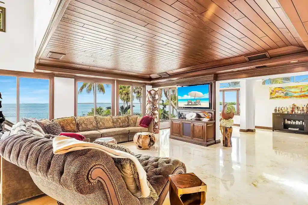 Luxury pool with waterfall overlooking Florida Bay at 1112 Venetian Blvd in Venetian Shores