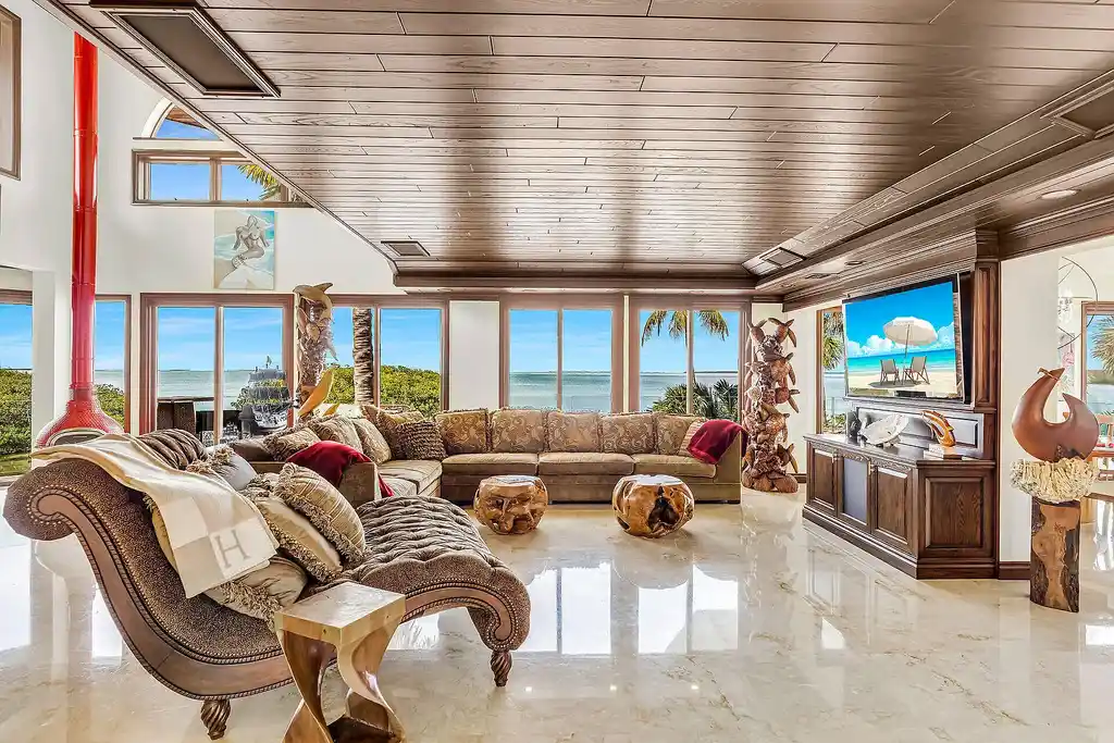 Luxury pool with waterfall overlooking Florida Bay at 1112 Venetian Blvd in Venetian Shores