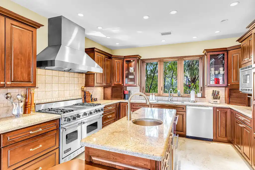 Luxury pool with waterfall overlooking Florida Bay at 1112 Venetian Blvd in Venetian Shores