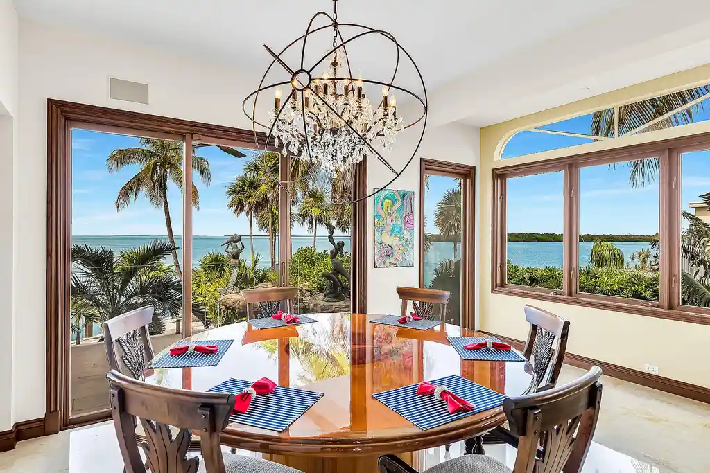 Luxury pool with waterfall overlooking Florida Bay at 1112 Venetian Blvd in Venetian Shores