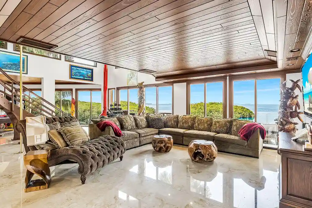 Luxury pool with waterfall overlooking Florida Bay at 1112 Venetian Blvd in Venetian Shores