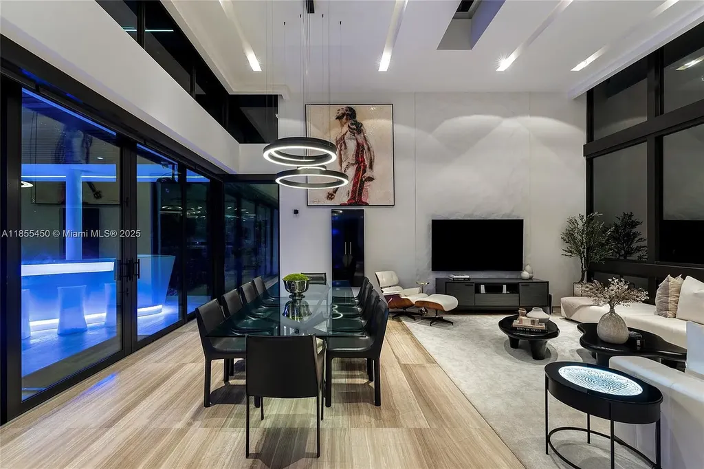 Aerial view of 528 Lakeview Ct modern waterfront estate in Miami Beach with luxury pool, private dock, and panoramic Intracoastal views