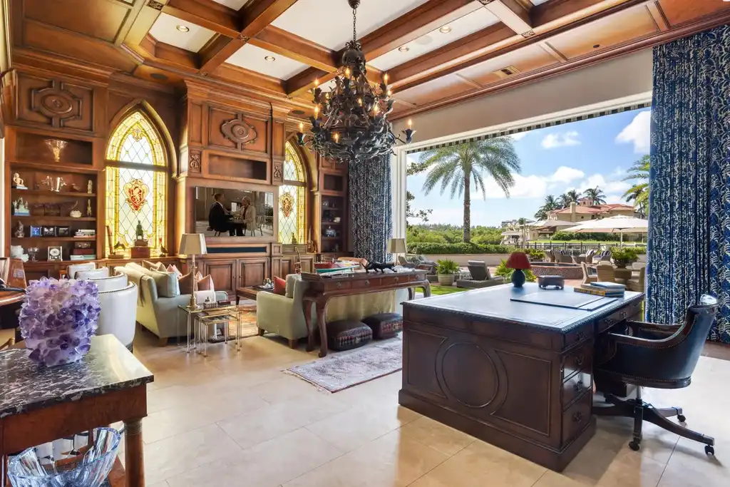 Luxury aerial view of 799 Sanctuary Drive Boca Raton FL 33431 showcasing $29,500,000 waterfront estate with 8 bedrooms 12 baths private pool and yacht dock