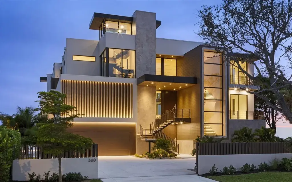 Exterior view of 388 S Shore Dr Sarasota FL waterfront estate with bay views